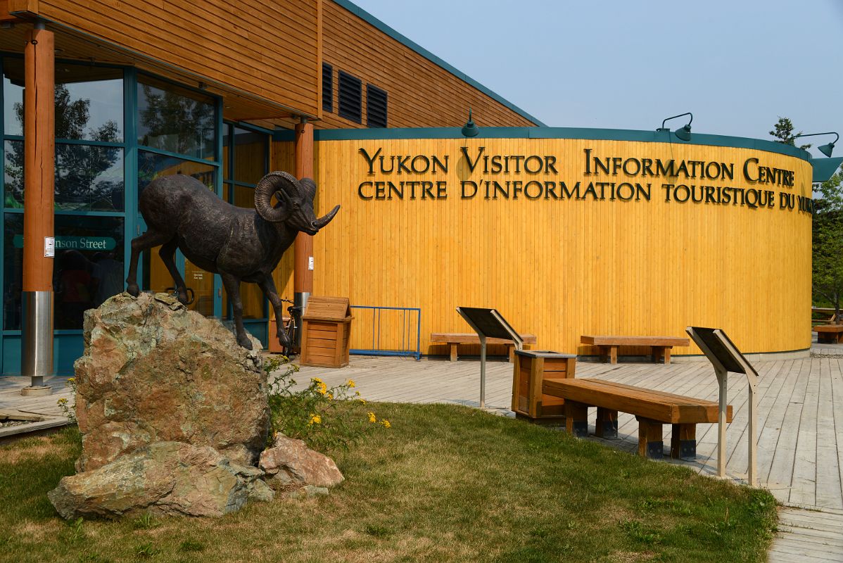 09A Yukon Visitor Information Centre With Statue Of A Dall Sheep Called Under The Midnight Sun Sculptor Rick Taylor 1999 In Whitehorse Yukon